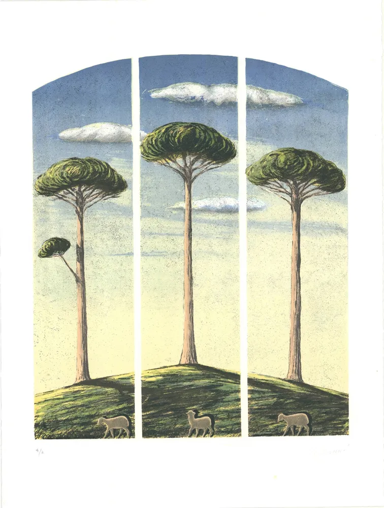 石版画 Lazzeri - Pecore al albero