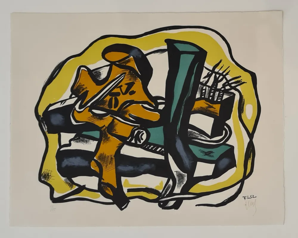 石版画 Leger - Composition sur fond jaune 