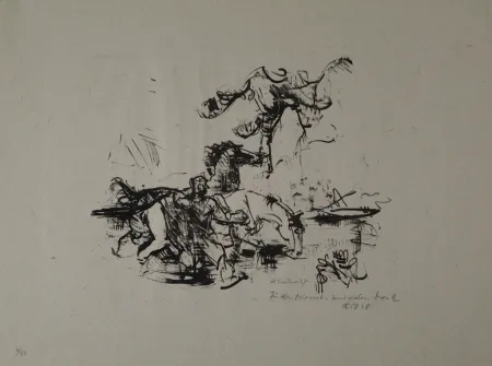 石版画 Luckner - Pferdetränke