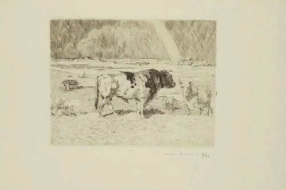 版画 Lunois - Taureau dans un pré / Bull in a Meadow