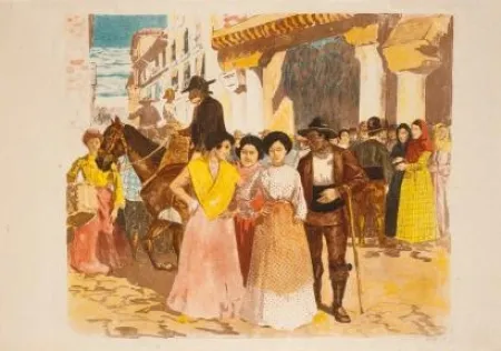 石版画 Lunois - Une rue à Burgos