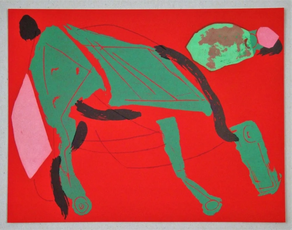 石版画 Marini - Cheval sur fond rouge