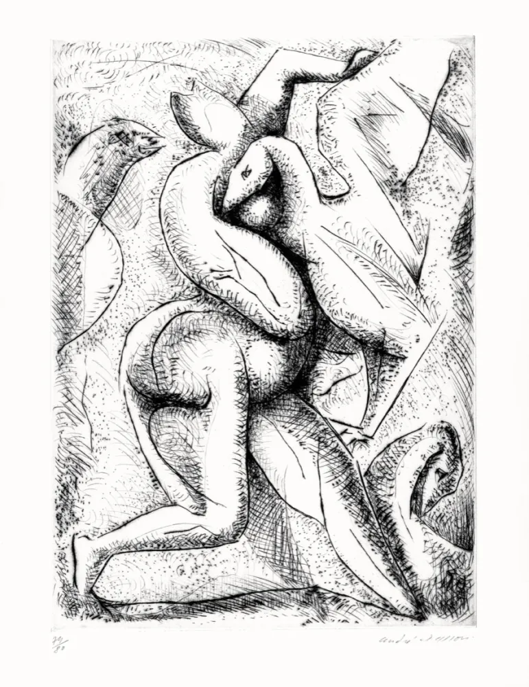 干刻版画 Masson - Femme attaquée par des oiseaux