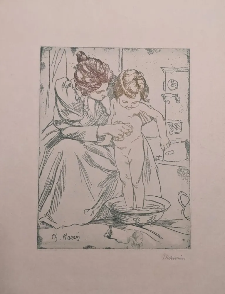 版画 Maurin - La toilette de l'enfant