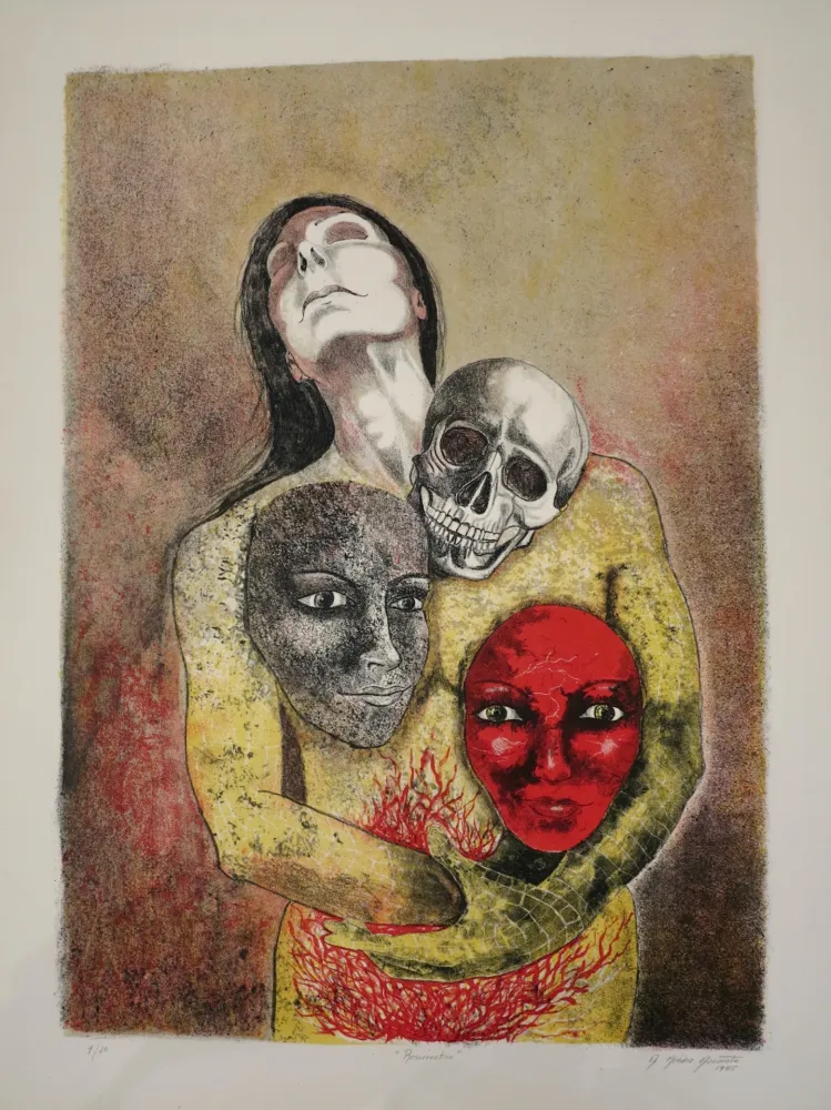 石版画 Mendez Azcarate -  Resurrección en rojo y amarillo
