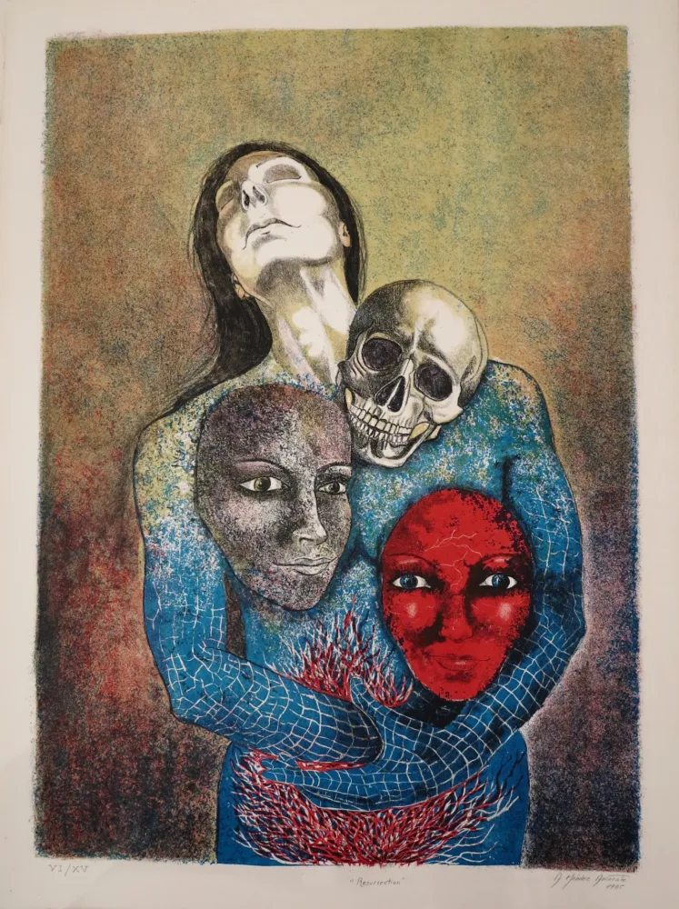 石版画 Mendez Azcarate - Resurrección en rojo y azul