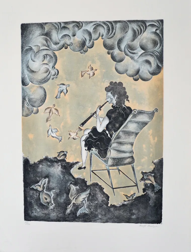 石版画 Mendoza - La mujer de la magia musical (en azul)