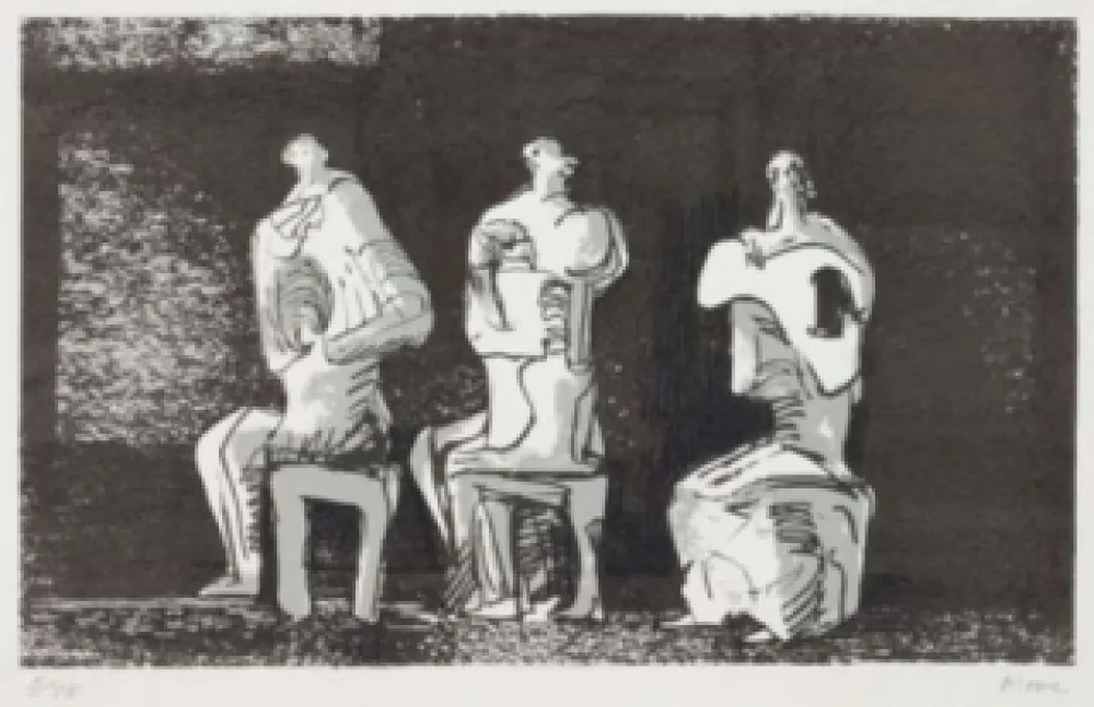 石版画 Moore - Three seated figures in setting