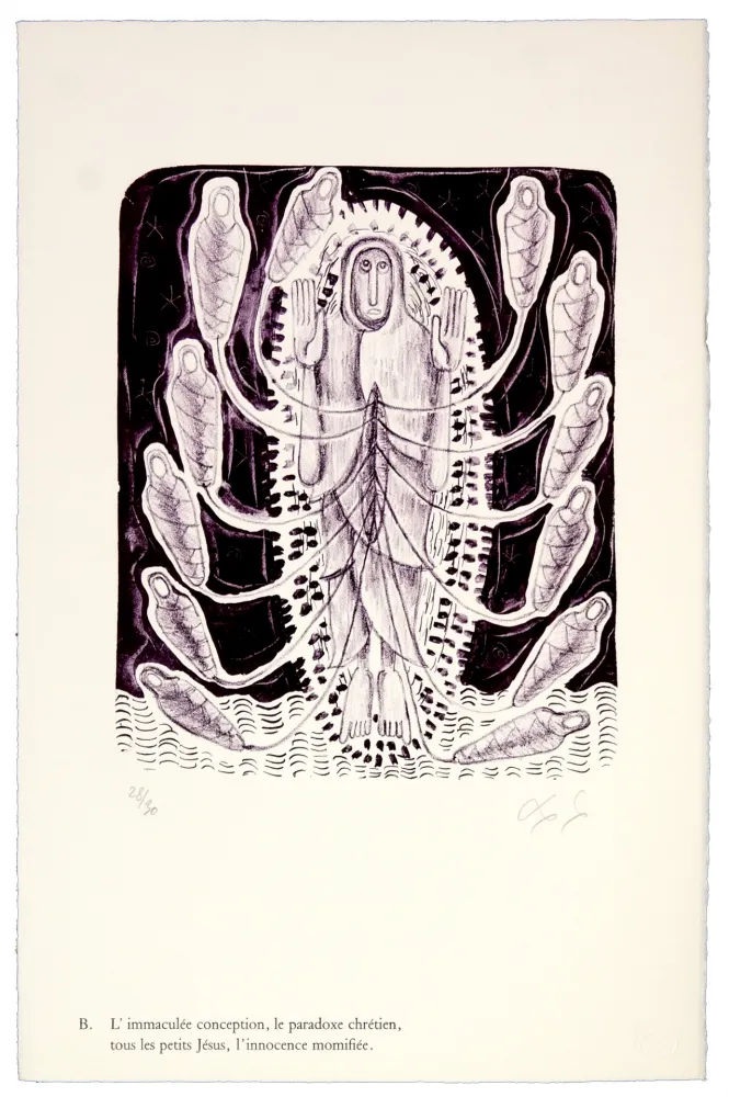 石版画 Nørgaard - B. L'immaculée conception, la paradoxe chrétien, tous les petits Jésus, l'innocence momifiée