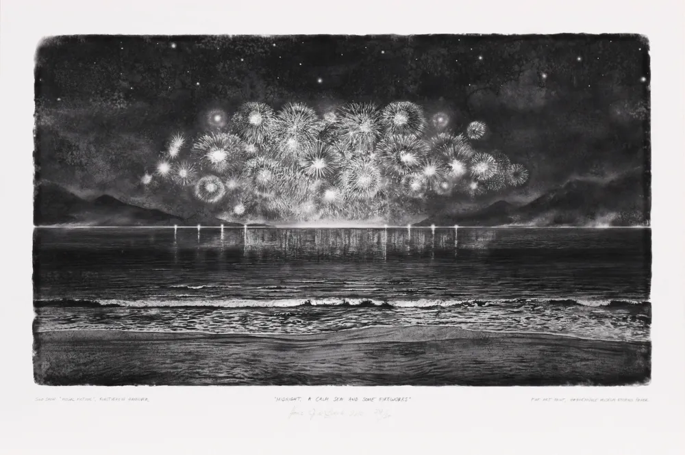 数码版画 Op De Beeck - Midnight, a calm Sea and some Firework