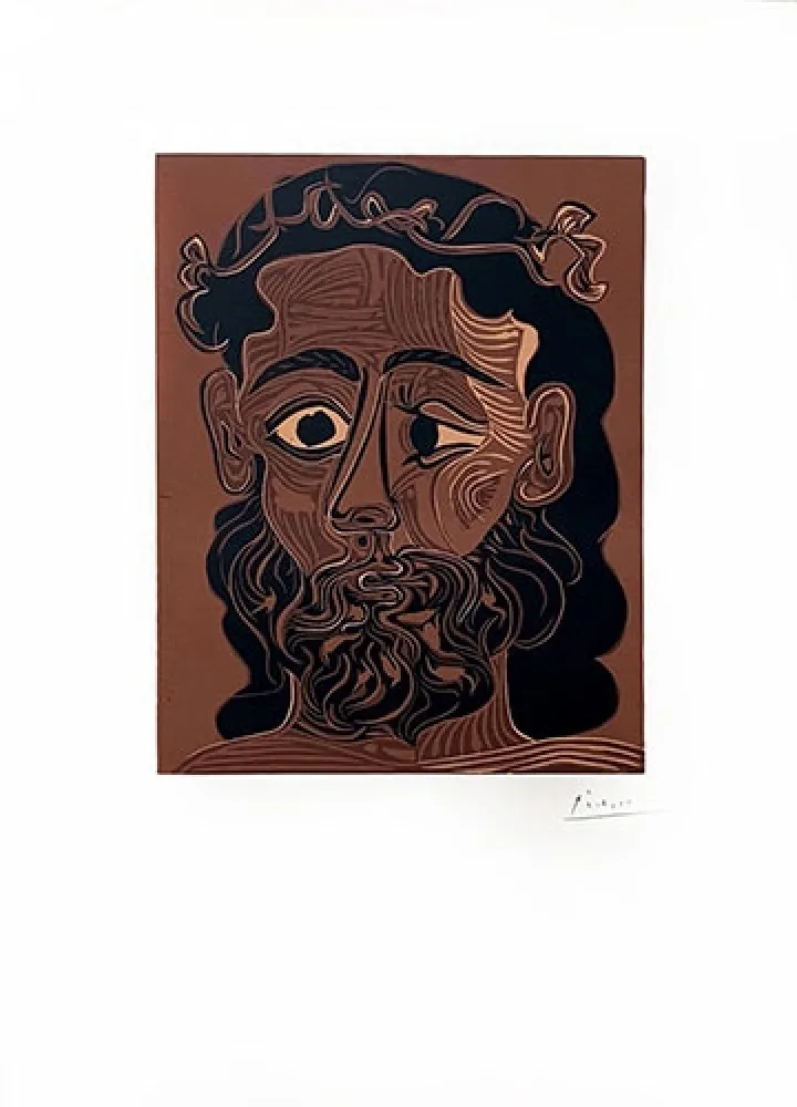 油毡版画 Picasso - Homme barbu couronné de vignes