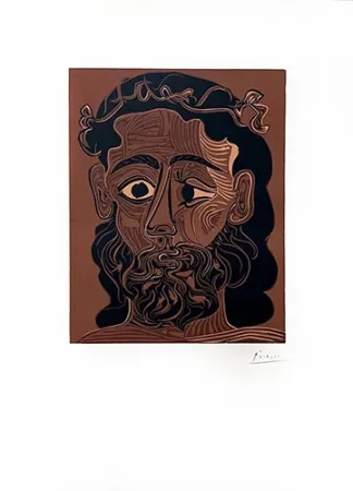 油毡版画 Picasso - Homme barbu couronné de vignes