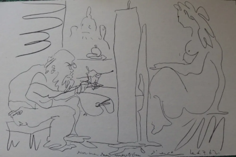 石版画 Picasso - Peintre et modèle dans l'atelier