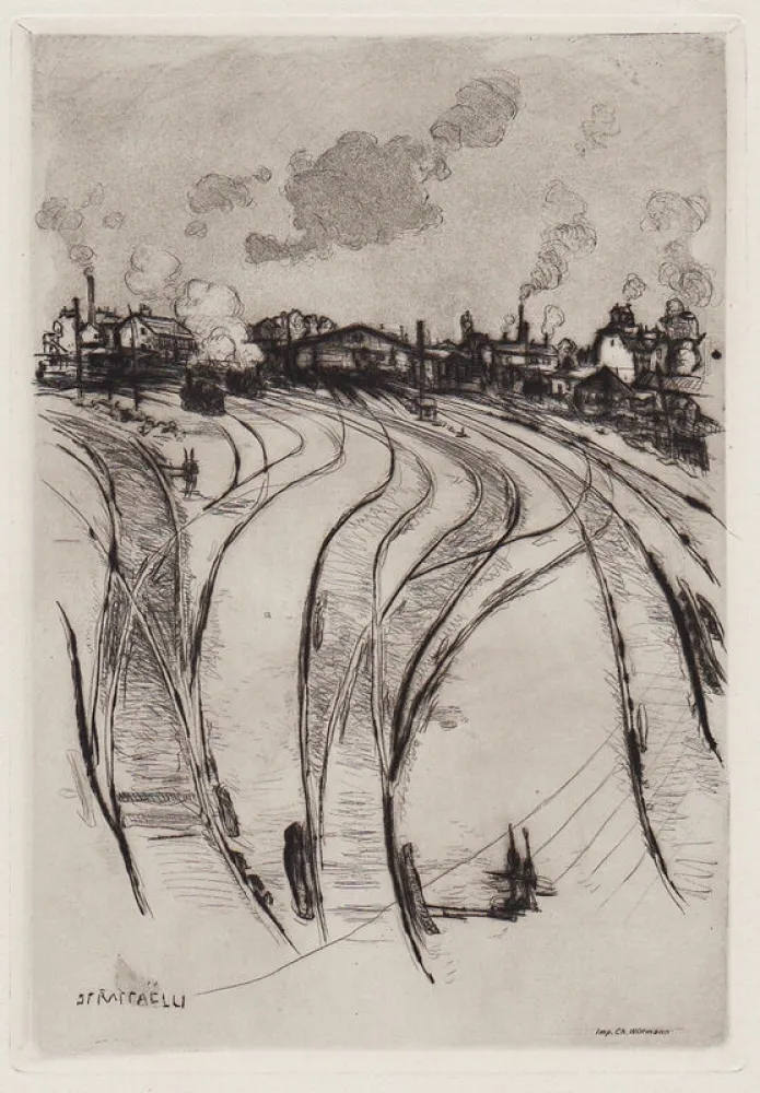 版画 Raffaelli - La Gare du Champ-de-Mars