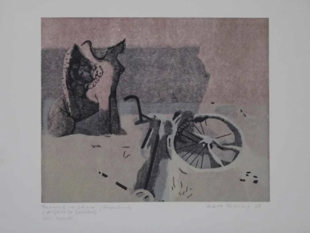 油毡版画 Rössing - Fahrrad im Schnee (Der Sphinx im Belvedere)