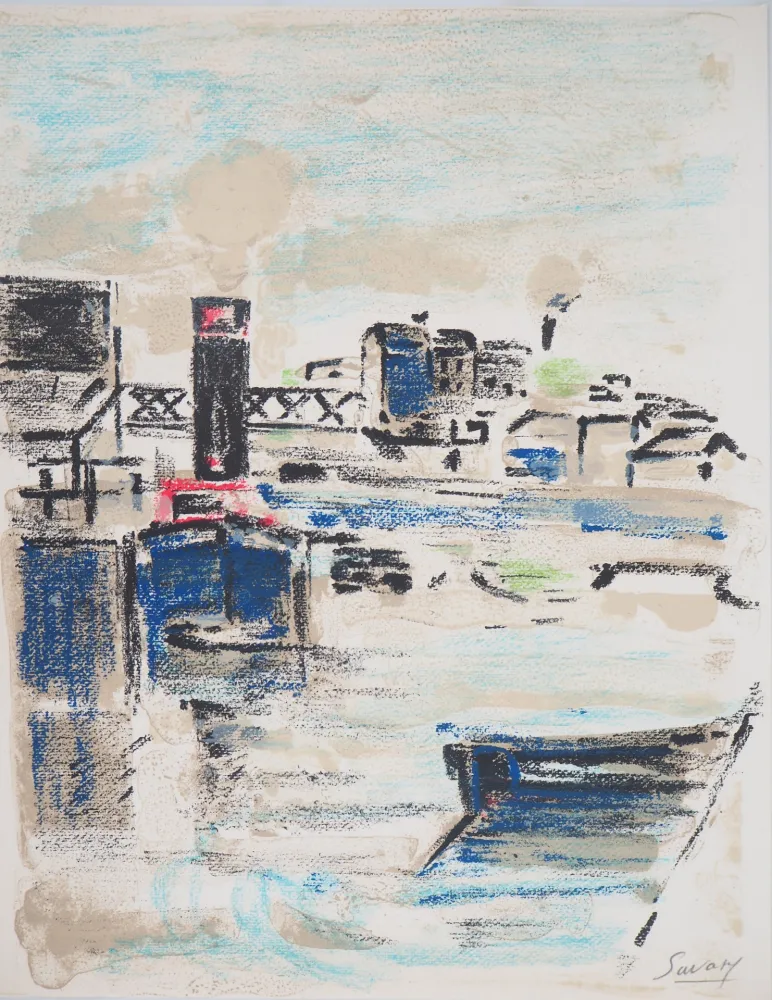 石版画 Savary - Péniches sur la Seine
