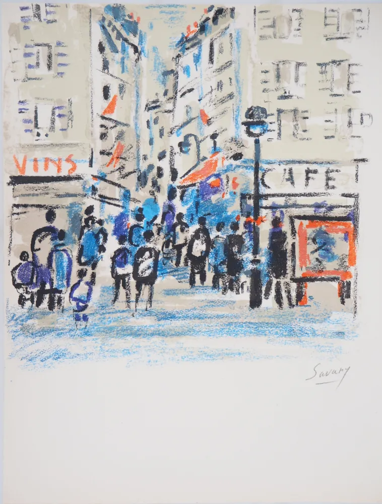 石版画 Savary - Rue animée dans le Marais
