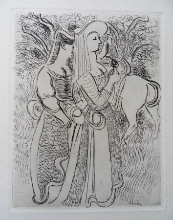 版画 Savin  - Princesse et sa suivante au jardin