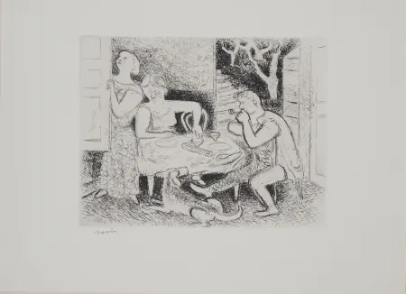 版画 Savin  - Repas à la campagne