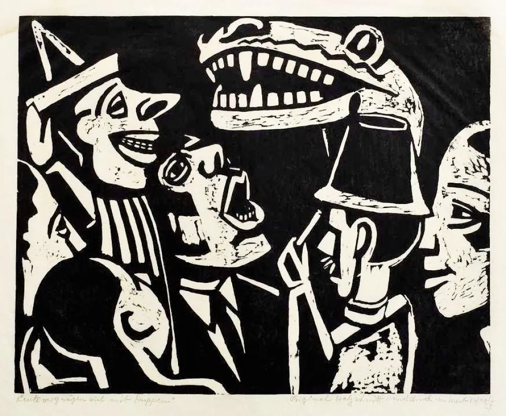 木刻 Scheele - Leute vergnügen sich mit Puppen (People having fun with puppets)