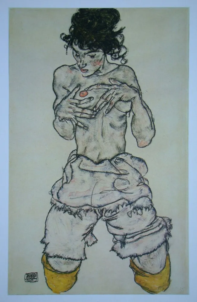 胶版印刷 Schiele (After) - Halbnackte kniende Frau