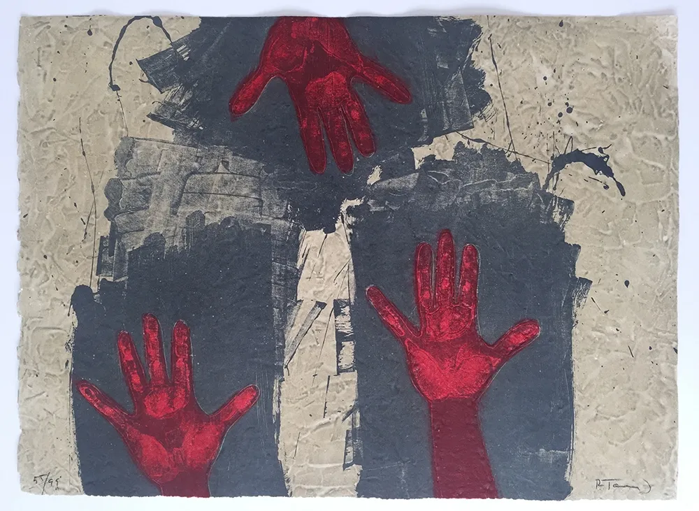 版画 Tamayo - Manos Sobre Fondo Azul