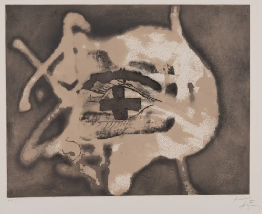 蚀刻版画 Tàpies - Pied et trait rouge