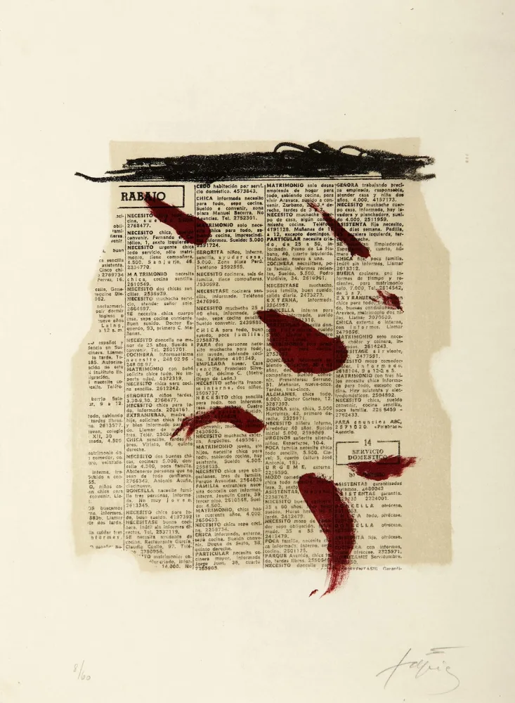 石版画 Tàpies - Taches Rouges au Journal