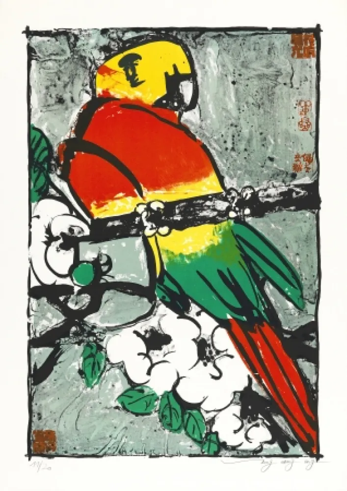 石版画 Tongzhengang - Perroquet  fond gris bleu