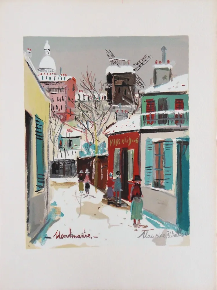 石版画 Utrillo - Montmartre : le Moulin de la Galette et le Sacré Coeur sous la neige
